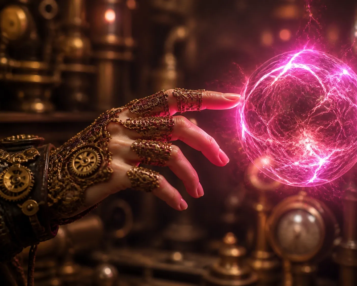 Steampunk hand touching a pink energy orb representing human-centered AI for business professionals.