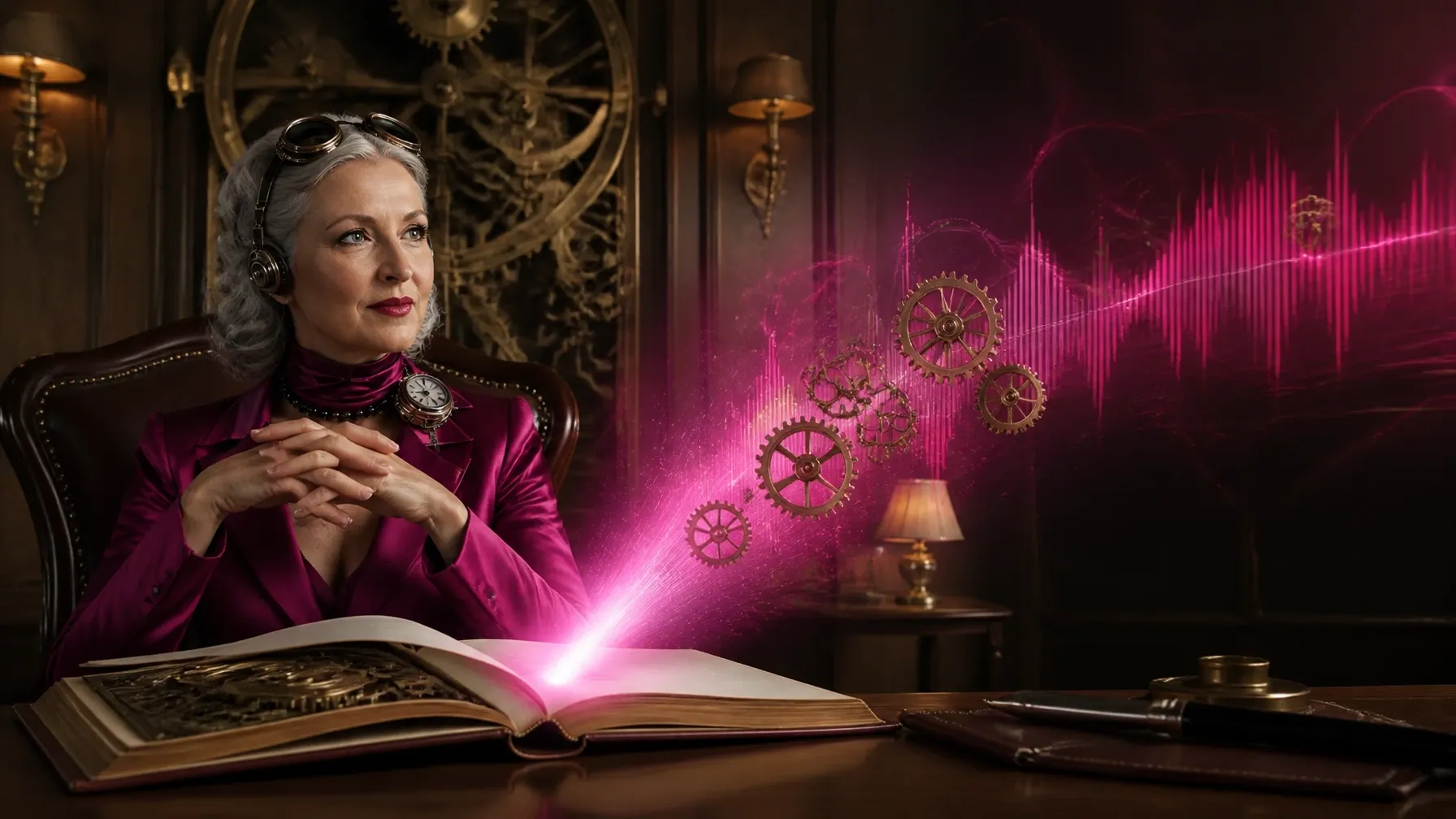 A polished steampunk-inspired rulebook opening into hot-pink creative light in a private executive boardroom