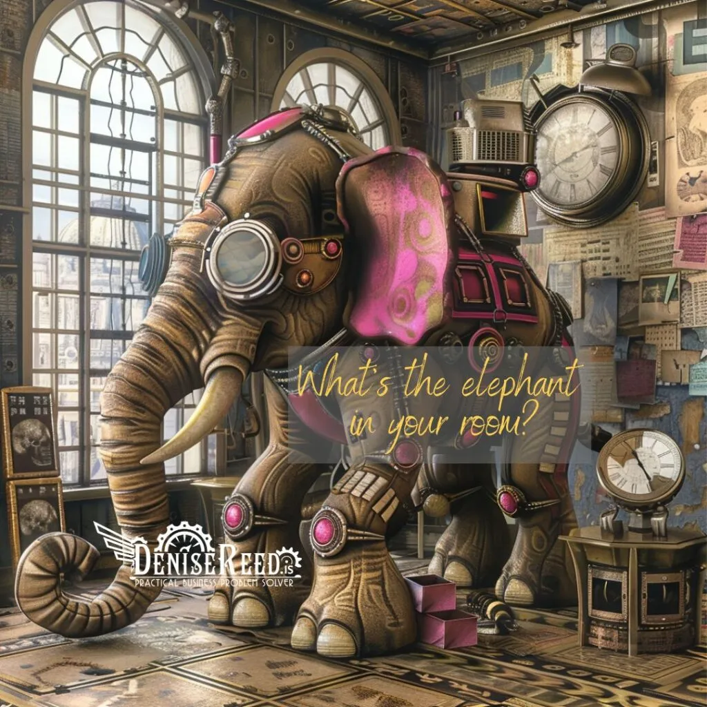 An steampunk elephant in an office
