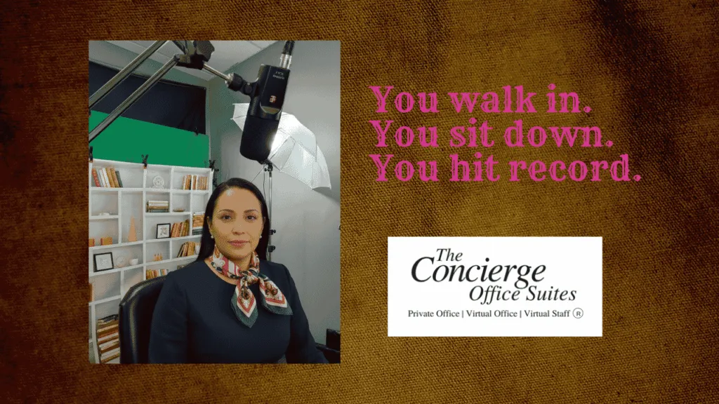 Woman ready to record in The Concierge Office Suites Vlogging Studio. You walk in. You sit down. You hit record.